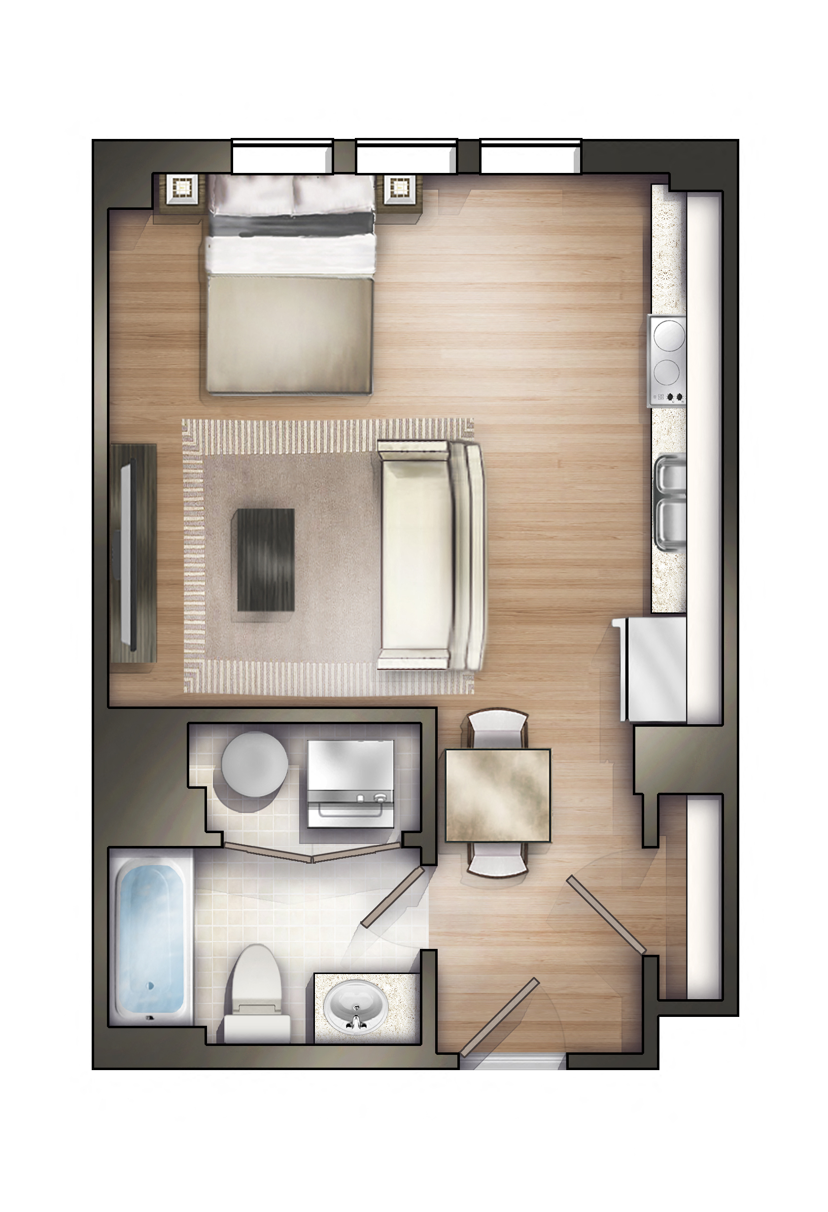 Floor plan for studio, 565 sqft